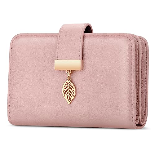 Faneam Geldbörse Damen aus Leder, Portemonnaie Damen Kleine, Geldbeutel mit RFID-Schutz, 14 Kartenfächer, Reißverschluss Münzfach und Tragekette (Hellrosa) von Faneam