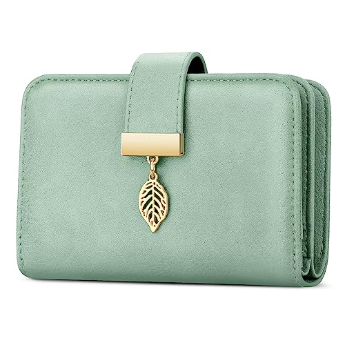 Faneam Geldbörse Damen aus Leder, Portemonnaie Damen Kleine, Geldbeutel mit RFID-Schutz, 14 Kartenfächer, Reißverschluss Münzfach und Tragekette (Hellgrün) von Faneam