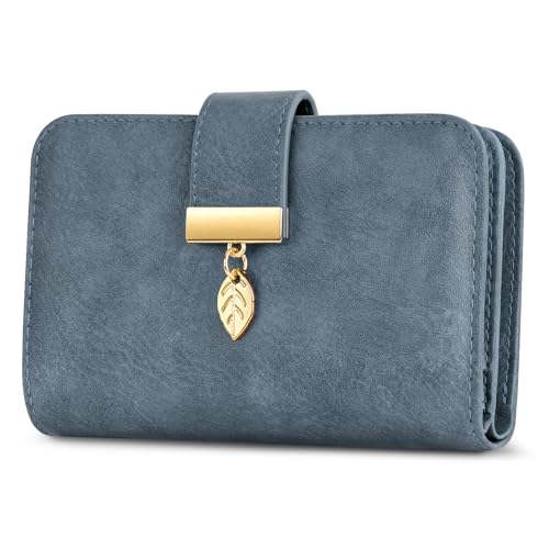 Faneam Geldbörse Damen aus Leder, Portemonnaie Damen Kleine, Geldbeutel mit RFID-Schutz, 14 Kartenfächer, Reißverschluss Münzfach und Tragekette (Dunkelblau) von Faneam