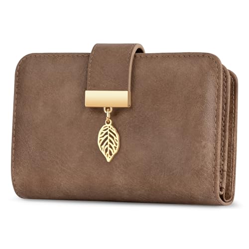 Faneam Geldbörse Damen aus Leder, Portemonnaie Damen Kleine, Geldbeutel mit RFID-Schutz, 14 Kartenfächer, Reißverschluss Münzfach und Tragekette (Retro Hellbraun) von Faneam