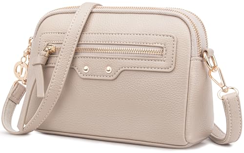 Faneam Umhängetasche Damen Klein, PU Leder Crossbody Bag Damen mit 4 Reißverschlussfächern, Schultertasche mit Verstellbarem & Abnehmbarem Gurt, Moderne Kleine Handtasche für Alltag & Reisen (Beige) von Faneam