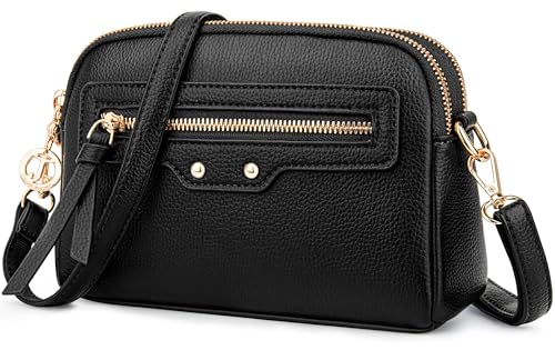 Faneam Umhängetasche Damen Klein, PU Leder Crossbody Bag Damen mit 4 Reißverschlussfächern, Schultertasche mit Verstellbarem & Abnehmbarem Gurt, Moderne Kleine Handtasche für Alltag & Reisen (Schwarz) von Faneam