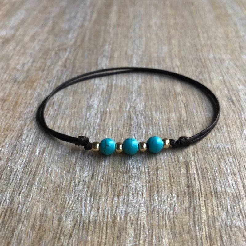 Neue Smyrna, Türkis Perle Fußkettchen Goldakzente Braun Schnur Wa001768 von Fanfarria