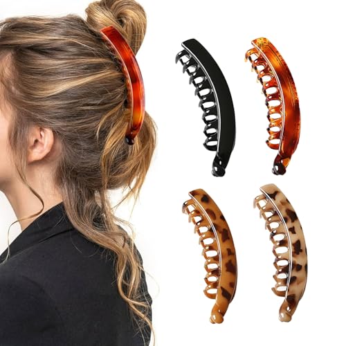 4 Stück Groß Banana Clip, Vintage Bananen Haarspange, Dünnes Dickes Haar für Bananenspange Haare, Damen Rutschfeste Pferdeschwanz Halter Clip (Schwarz,Weißer Leopard,Brauner Leopard,Schildkröte) 4 Stück Groß Banana Clip, Vintage Bananen Haarspange, Dünnes Dickes Haar für Bananenspange Haare, Damen Rutschfeste Pferdeschwanz Halter Clip (Schwarz,Weißer Leopard,Brauner Leopard,Schildkröte) von FangBoJie