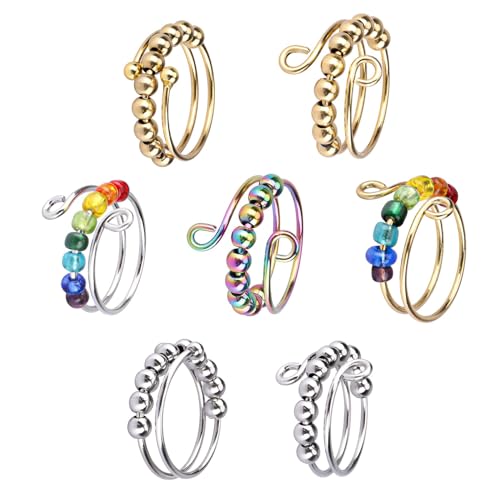 7 Stück Verstellbare Anti Stress Ring, Linderung von Ängsten Anxiety Ring mit Perlen, Damenring aus langlebigem Edelstahl, Wasserfeste Ringe, Angst Spinning Ringe für Damen von FangBoJie