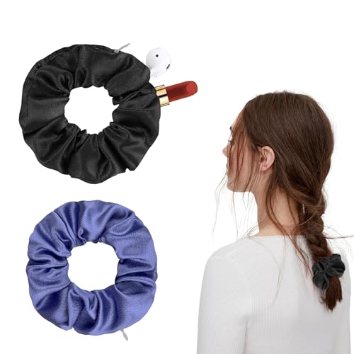 Seide Haarringe Damen, Geldversteck zum Verstecken,mit Reißverschluss Tasche, Pferdeschwanzhalter Haarband aus Seide, Mehrweg Seides Haargummis Verpackung (Schwarz,Marineblau) von FangBoJie