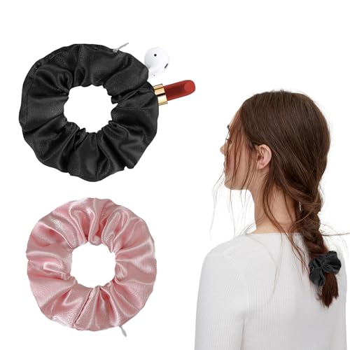 Seide Haarringe Damen, Geldversteck zum Verstecken,mit Reißverschluss Tasche, Pferdeschwanzhalter Haarband aus Seide, Mehrweg Seides Haargummis Verpackung(Schwarz,Rosa) von FangBoJie