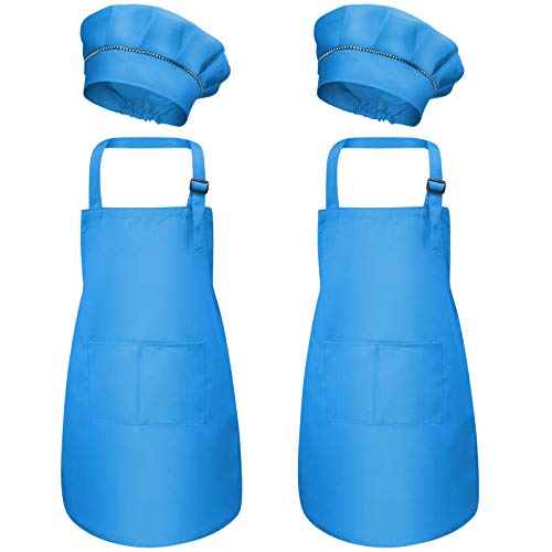 4 Stück Blau Kinder Schürze und Kochmütze Set, Kinder Küche Garten Schürzen mit Taschen für Jungen Mädchen, Kleinkind Kochschürze Küchenschürze für Kochen Backen Malen Basteln (M für 3-6 Jahre) von Fangehong