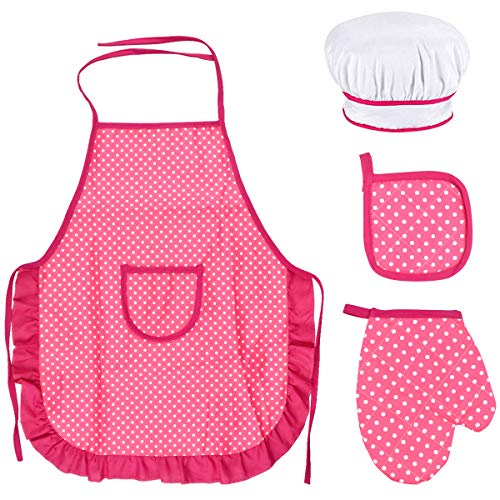 Kinder Schürze und Kochmützen Set, Koch Backset Kinder mit weißem Kinder Kochmütze,Baumwoll Kochschürze, Kinder Ofenhandschuhe, Hitzebeständiges Pad für Kleinkinder im Alter von 3-12 Jahren (Rosarot) von Fangehong