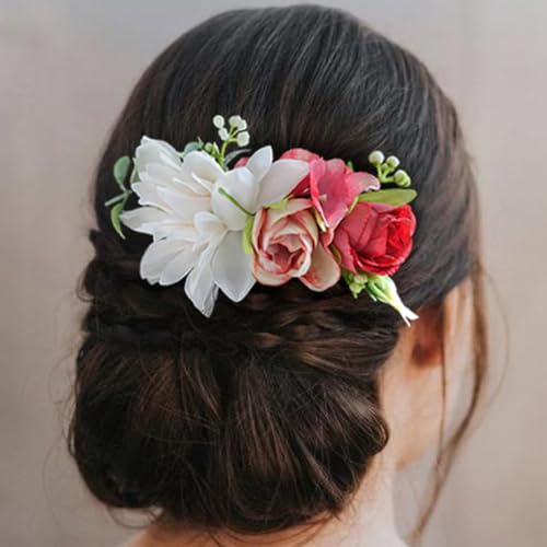Fangsen Bezaubernde Dahlie Eukalyptus Globulus Rose Pfingstrose Hortensie Handgemachte Blume Kopfschmuck Perfekt für Hochzeit Haarschmuck Floral Haarkamm für Frauen und Mädchen (Weiß & Rot) von Fangsen