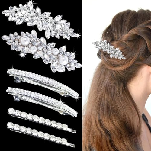 Fangzichen Haarspangen für Damen, Blume, Perlen, elegante Brautschmuck, silberfarbene Kristall-Haarnadeln, Hochzeitszubehör für Frauen, 6 Stück von Fangzichen