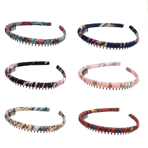 Fangzichen Kunststoff-Stirnbänder mit Zähnen – rutschfester Kamm, gewickeltes Tuch, elastisches Blumenmuster, Harz, Stirnbänder für Damen-Make-up und Gesichtswäsche, Haar-Accessoires, 6 Stück von Fangzichen