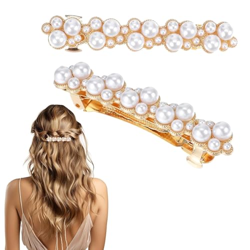 Fangzichen Perlen-Haarspangen, elegante Perlen-Haarspangen mit Nadeln für Frauen, Brautzubehör für Hochzeiten, Partys, den täglichen Gebrauch (Gold, Weiß), 2 Stück von Fangzichen