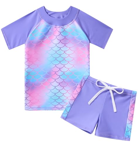 Fanient Mädchen Zweiteiliger Badeanzug Stoffdruck Swimsuit Kurzarm und Shorts Bademode Set 7-8 Jahre von Fanient