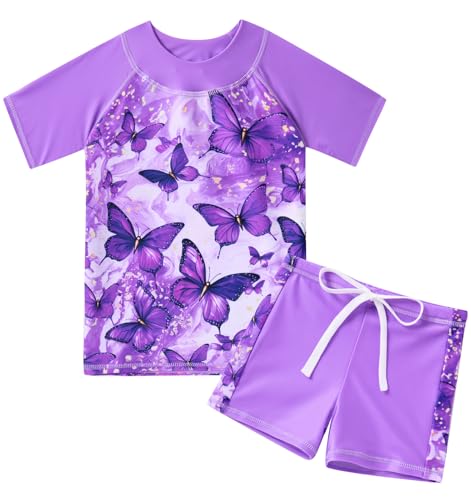 Fanient Zweiteiliger Badeanzug Mädchen Schmetterling Stoffdruck Swimsuit Kurzarm und Shorts Badeanzug Set 6-7 Jahre von Fanient