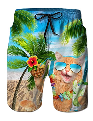 Fanient Badehose Herren Teenager Badeshorts Männer Lustige Hawaii Katzen Schwimmhose Boardshorts für Männer Herren Sporthose kurz M von Fanient
