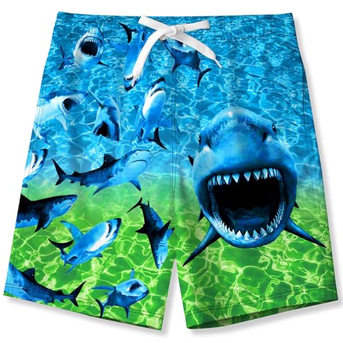 Fanient Badehose Jungen Badeshorts Jungen Blaugrüner Hai Drucken Boardshorts mit Netzfutter Taschen Sommer Badeshorts 11-12 Jahre von Fanient