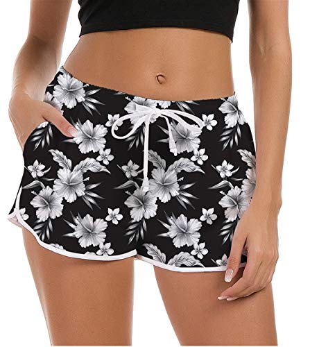 Fanient Damen 3D-Druck Schwarz Badeanzug Shorts Blumenmuster Bikinihose Hawaii bescheiden Strand Boardshorts Acitve Workout Yoga Sporthose L 44-46 von Fanient