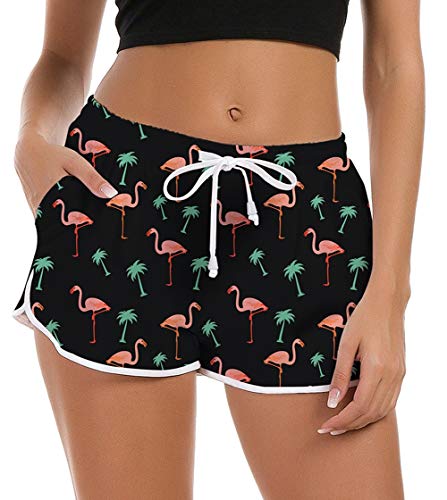 Fanient Damen Schnelltrocknend Jogging Shorts Teenager Mädchen Niedlich Badeshorts Flamingo Grafik Boardshorts Schwarz Sport Yogahose für Hawaiian Holiday XL 48-50 von Fanient