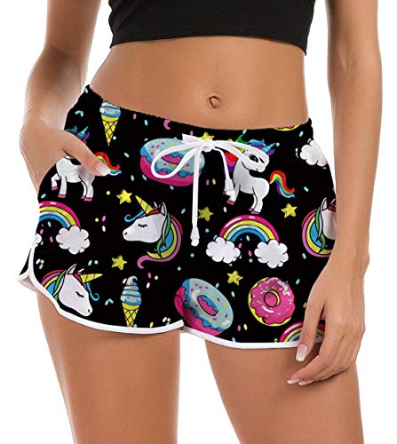 Fanient Damen Sommer Boardshorts Verstellbarer Kordelzug Regenbogen Einhorn Muster Schnell Trocken Badehose Yoga Running Activewear Sporthose Badehosen Schwarz S von Fanient