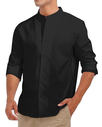 Fanient Hemd Herren Langarm Schwarz Leinenhemd Baumwolle Stehkragen Shirt Regular Fit Sommerhemd Freizeithemden XL von Fanient