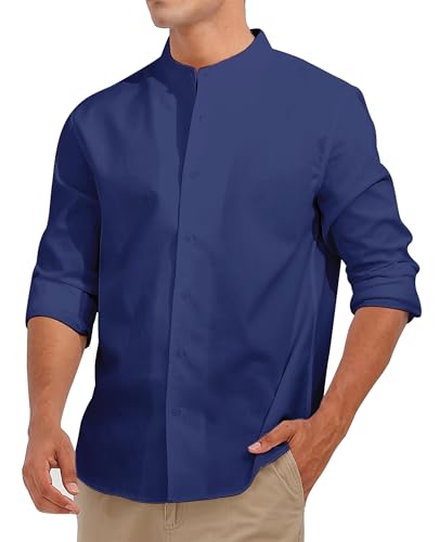 Fanient Hemd Herren Leinenhemd Button Down Langarm Hemden Männer Regular Fit Freizeithemden Stehkragen Blau Anzug Hemd XXL von Fanient