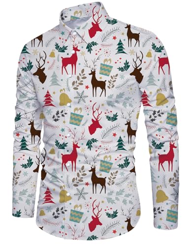 Fanient Herren Hemd Weihnachten Rentier Muster Langarm Hemd mit Knöpfen Lässige Funky Shirts Bunte Hemden für Herren Holiday M von Fanient