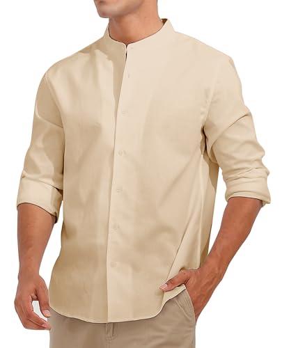 Fanient Herren Linenhemd Langarm Stehkragen Hemd für Männer Sommer Regular Fit Reise Freizeithemd Standhemd M von Fanient