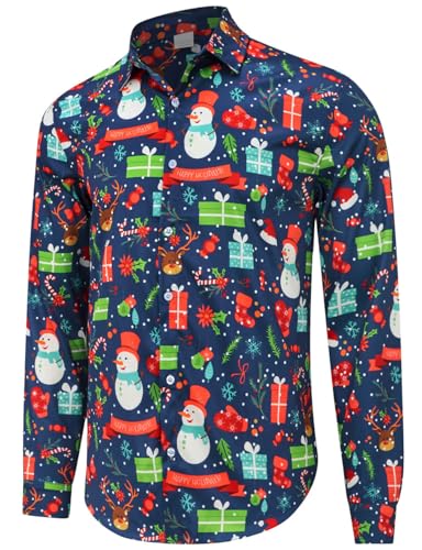 Fanient Herren Weihnachtshemd Button Down 3D Gedruckt Weihnachten Hemd Männer Hawaiihemd Langarm Hemden Button Down Hässliches Hemd XXL von Fanient