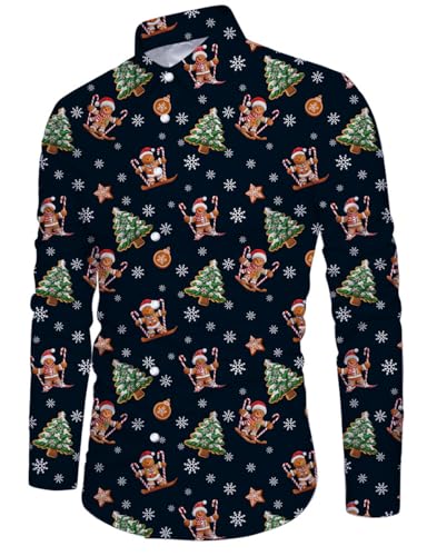 Fanient Herren Weihnachtshemd Button Down Hässliches Hemd Lebkuchenmann Muster Hemd Herren Langarm Hemd für Männer Teenager M von Fanient