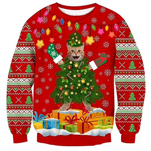 Fanient Herren Weihnachtspullover Lustiger Weihnachtsbaum Katze Druck Sweatshirt Damen Ugly Weihnachtspullover Unisex Langarm Pullover S von Fanient