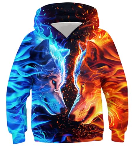 Fanient Hoodie Jungen Pullover Mädchen Flammenwolf Print Sweatshirts Kinder Cool Streetstyle Pullover mit Taschen 8-10 Jahre,M von Fanient