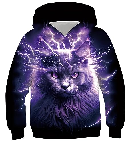 Fanient Hoodie Mädchen Pullover Jungen Lila Wütende Katze Drucken Pullover Kinder Streetstyle Hooded Pullover Children Sweatshirt 11-13 Jahre von Fanient