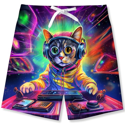 Fanient Jungen Badehose Badeshorts Kinder DJ Cat Drucken Badehose Jungen Sommer Boardshorts mit Netzfutter Taschen 13-14 Jahre von Fanient