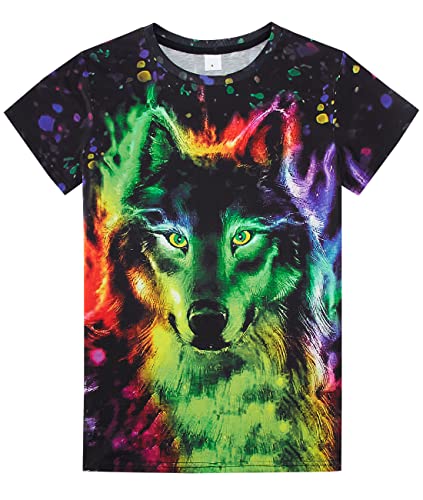 Fanient Jungen Tshirts Kinder Cooler Tshirt Bunte Wolf Druck Kurzarm Sommer Streetstyle Tshirts für Jungen Mädchen 15-16 Jahre von Fanient