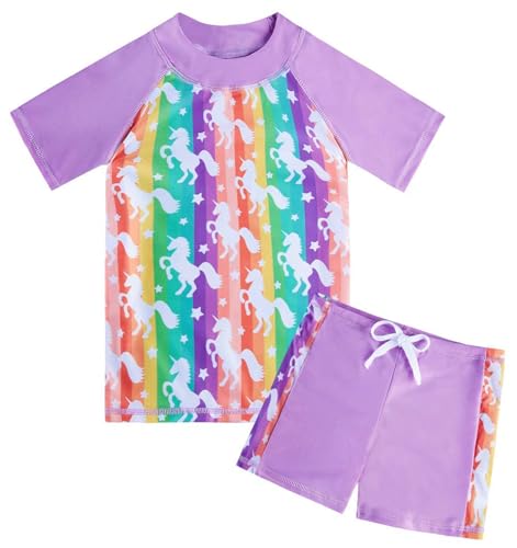 Fanient Mädchen Zweiteiliger Badeanzug Einhorn Stoffdruck Swimsuit Kurzarm und Shorts Bikini 5-6 Jahre Violett von Fanient