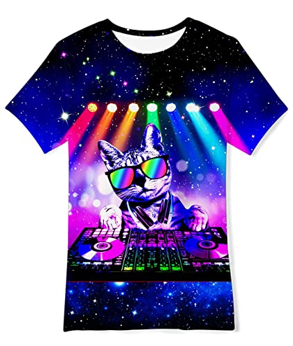 Fanient Kinder Tshirts Kinder Kurzarm T-Shirt 3D DJ Cat Kurzarm Tshirt Jungen Mädchen T-Shirt 13-14 Jahre L von Fanient