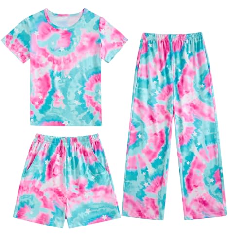 Fanient Mädchen Schlafanzüge Bunter Batik Pyjama Dreiteiliger Pyjama Sets Kinder Kurzarm Nightwear Set 13-14 Jahre von Fanient