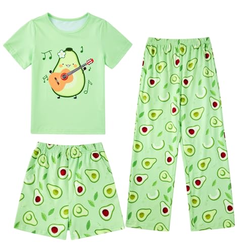 Fanient Mädchen Schlafanzüge Grüne Avocado Drucken Pyjamas Girls Dreiteiliger Pyjama Vier Jahreszeiten 7-8 Jahre von Fanient