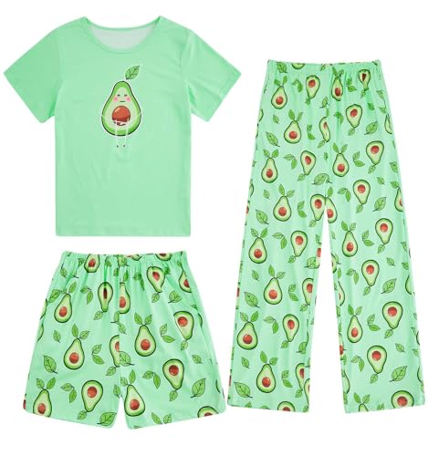 Fanient Mädchen Schlafanzüge Kinder Kurzarm Pyjama Sets Grüne Avocado Drucken Schlafanzüge Dreiteiliger Pyjama Vier Jahreszeiten 13-14 Jahre von Fanient