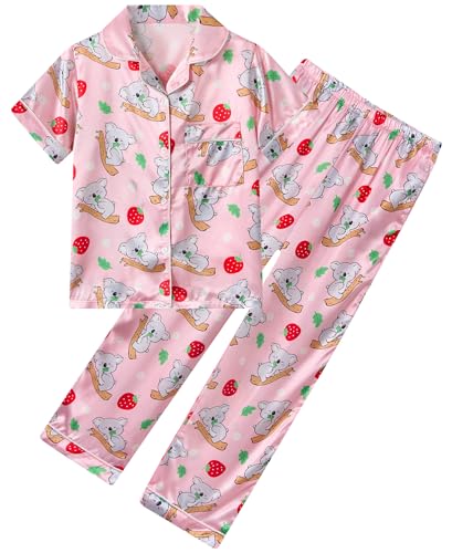 Fanient Mädchen Schlafanzug Girls Seide Satin Pyjama Faultier Drucken Nightwear Button-Down Zweiteiliger Pyjamas 9-10 Jahre von Fanient