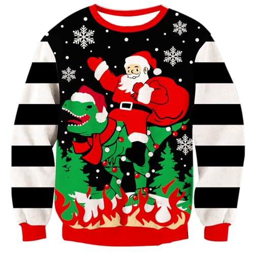 Fanient Mädchen Weihnachtspullover Jungen Cool Dinosaurier Druck Pullover Kinder Streifen Strickpullover für Weihnachtsfeier 11-12 Jahre von Fanient