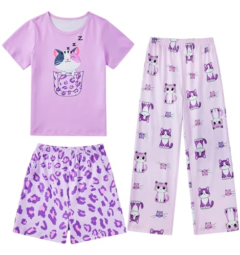 Fanient Schlafanzug Mädchen Lila Katzen Drucken Pyjamas Sets Dreiteiliger Pyjama für Mädchen 11-12 Jahre von Fanient