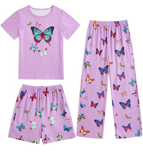 Fanient Schlafanzug Mädchen Lila Schmetterling Drucken Pyjamas Tägliches Tragen Girl Kurzarm Nightwear Set 13-14 Jahre von Fanient