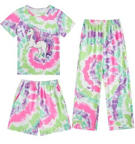 Fanient Schlafanzug Mädchen Niedliche Batik Einhorn Drucken Pyjama Dreiteiliger Pyjama für Mädchen 11-12 Jahre von Fanient