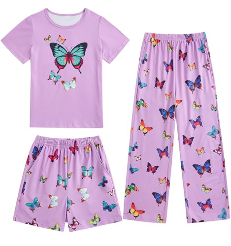 Fanient Schlafanzug Mädchen Niedliche Lila Schmetterling Drucken Pyjamas Sets Dreiteiliger Pyjama für Mädchen 11-12 Jahre von Fanient