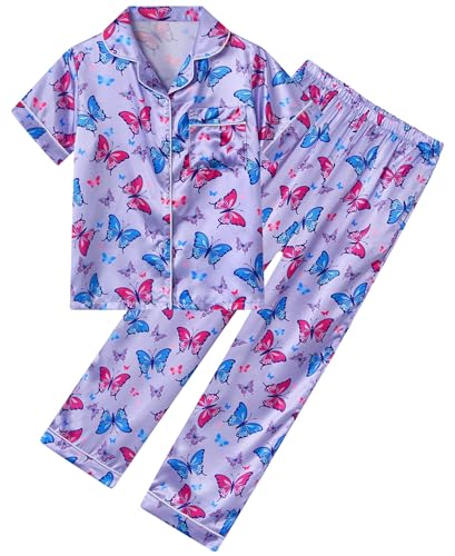 Fanient Schlafanzug Mädchen Niedliche Schmetterling Drucken Pyjamas Satin Pyjama Girls Tägliches Tragen Nightwear 9-10 Jahre von Fanient