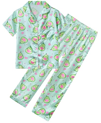 Fanient Schlafanzug Mädchen Satin Pyjama Grün Avocado Drucken Loungewear Sets Zweiteiliger Pyjamas für Kinder 7-8 Jahre von Fanient
