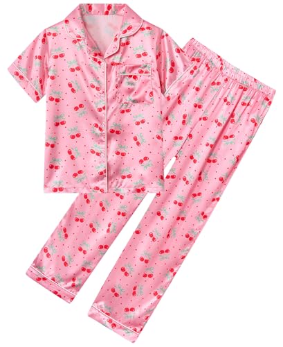 Fanient Schlafanzug Mädchen Satin Pyjama Rosa Kirsche Drucken Loungewear Sets Zweiteiliger Pyjamas für Kinder 13-14 Jahre von Fanient