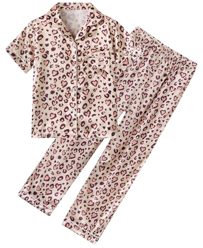 Fanient Schlafanzug Mädchen Zweiteiliger Pyjama Leopard Druck Loungewear Set Kurzarm Satin Schlafanzüge für Girls 9-10 Jahre von Fanient